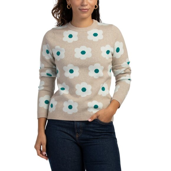 CYNTHIA ROWLEY Oatmeal Marl Double Knit Floral Crew Neck Sweater - Picture 1 of 2